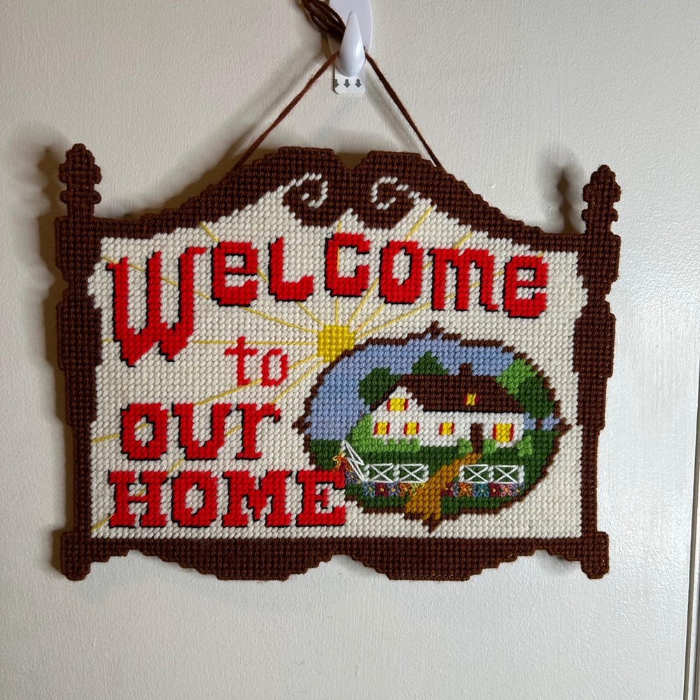 Vintage Handmade Needlepoint  Welcome Wall Hanging Plastic Canvas Sign